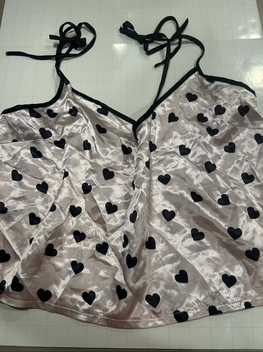 Yandy satin Pink & Black Heart Print sleep top L